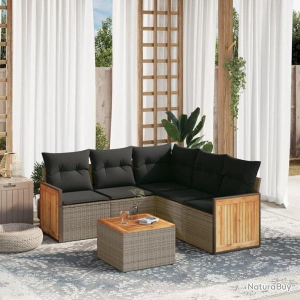 Salon de jardin 6 pcs avec coussins gris rsine tresse