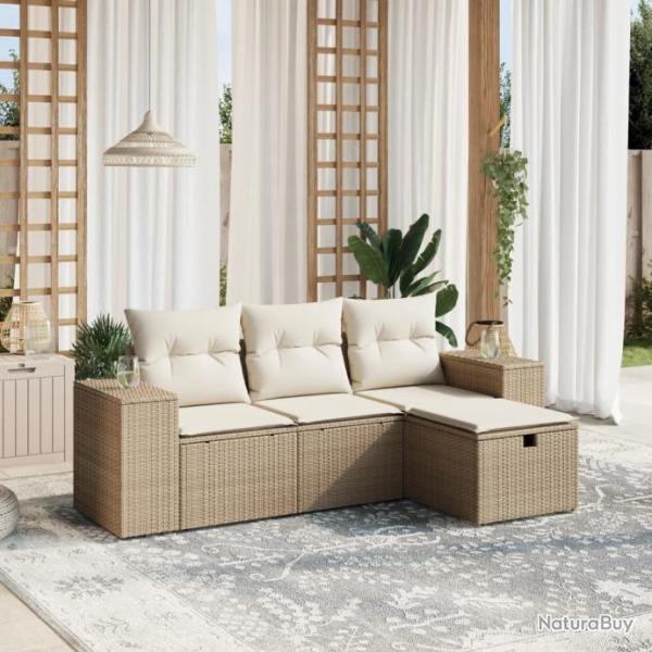 Salon de jardin avec coussins 4 pcs beige rsine tresse