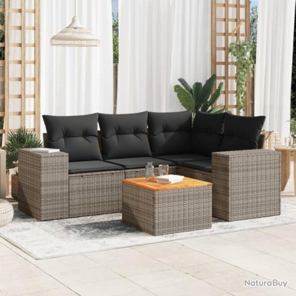 Salon de jardin 5 pcs avec coussins gris rsine tresse