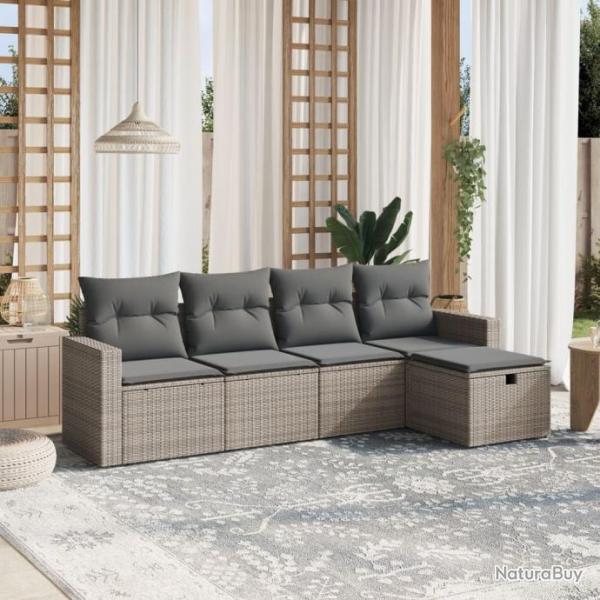 Salon de jardin 5 pcs avec coussins gris rsine tresse