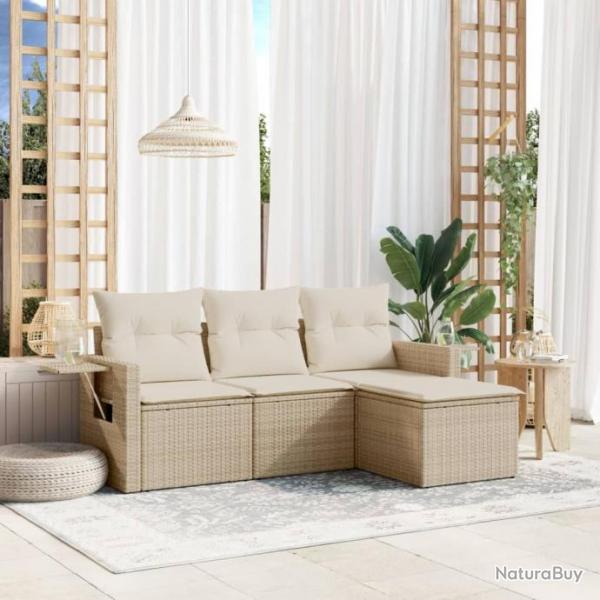 Salon de jardin avec coussins 4 pcs beige rsine tresse