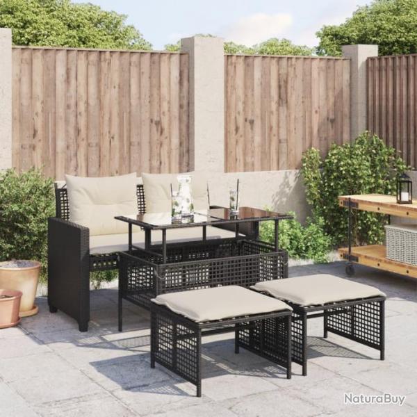 Salon de jardin avec coussins 4 pcs noir rsine tresse verre