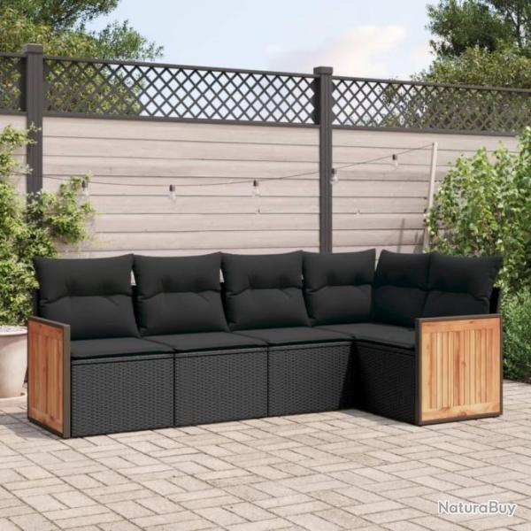 Salon de jardin 5 pcs avec coussins noir rsine tresse