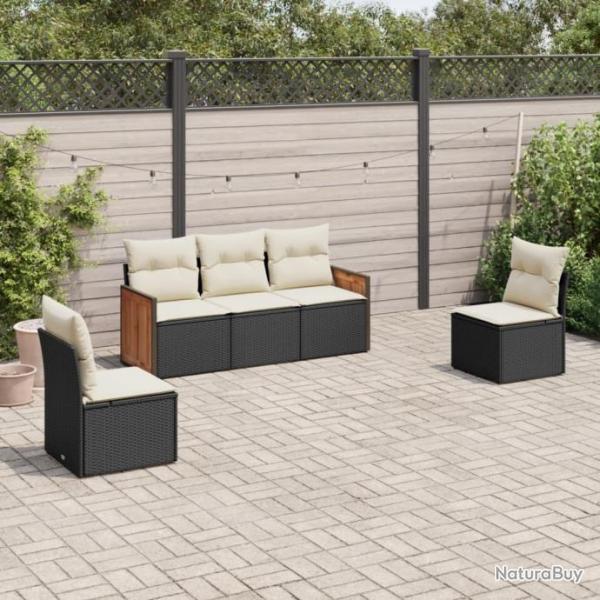 Salon de jardin 5 pcs avec coussins noir rsine tresse