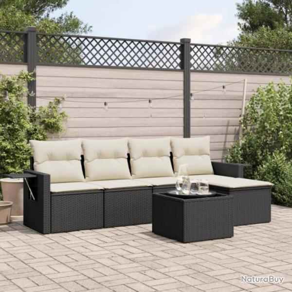 Salon de jardin 6 pcs avec coussins noir rsine tresse