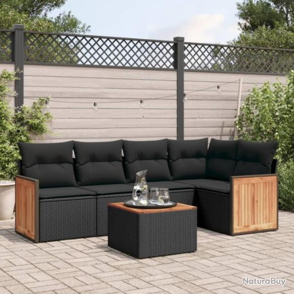 Salon de jardin 6 pcs avec coussins noir rsine tresse