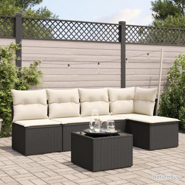 Salon de jardin 6 pcs avec coussins noir rsine tresse