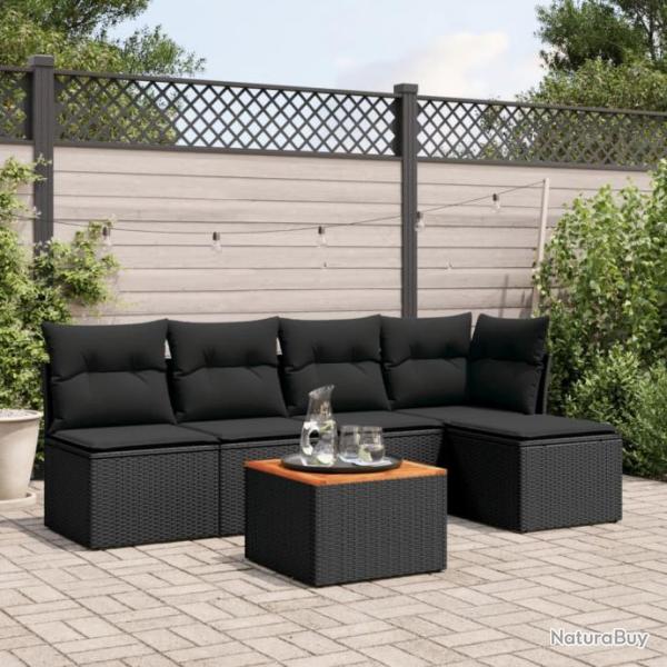 Salon de jardin 6 pcs avec coussins noir rsine tresse