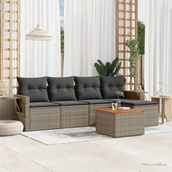 Salon de jardin 6 pcs avec coussins gris rsine tresse