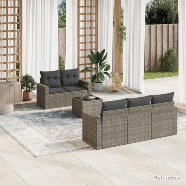 Salon de jardin 6 pcs avec coussins gris rsine tresse