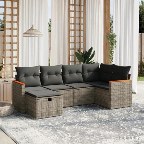 Salon de jardin 6 pcs avec coussins gris rsine tresse