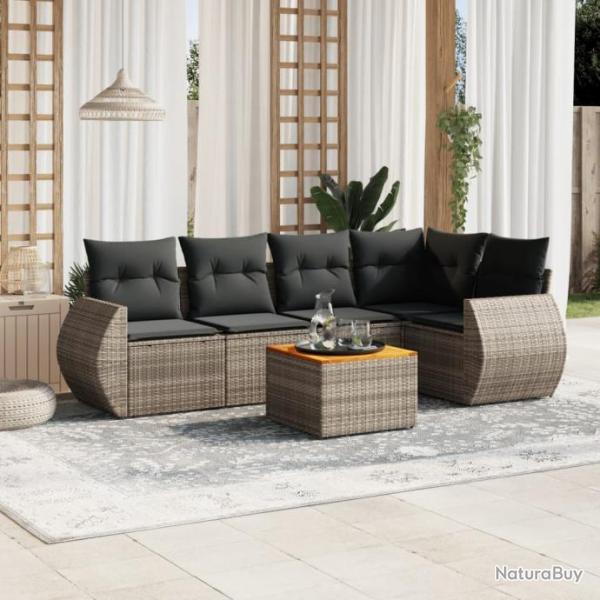 Salon de jardin 6 pcs avec coussins gris rsine tresse