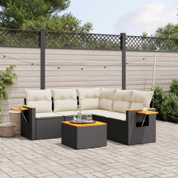 Salon de jardin 6 pcs avec coussins noir rsine tresse