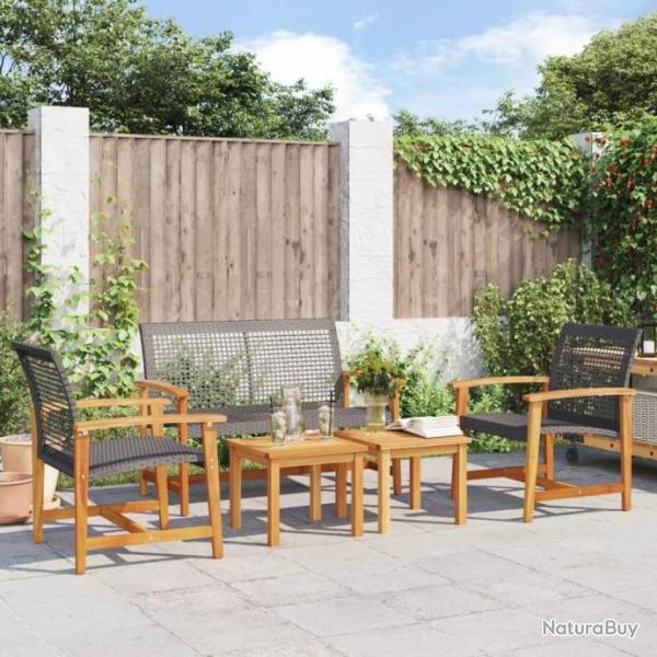 Salon de jardin 5 pcs noir rsine tresse et bois d'acacia