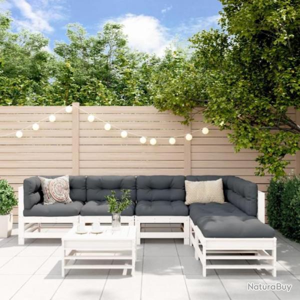 Salon de jardin 7 pcs Blanc Bois de pin massif