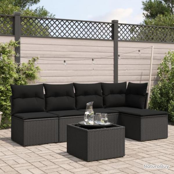 Salon de jardin 6 pcs avec coussins noir rsine tresse