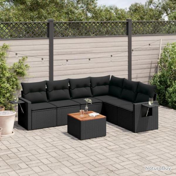 Salon de jardin 7 pcs avec coussins noir rsine tresse