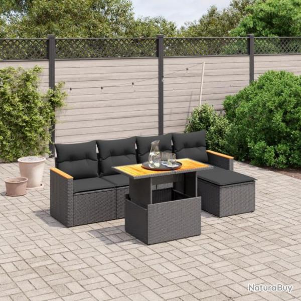 Salon de jardin 6 pcs avec coussins noir rsine tresse