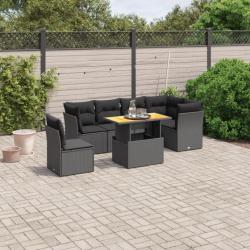 Salon de jardin 7 pcs avec coussins noir résine tressée