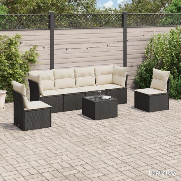 Salon de jardin 7 pcs avec coussins noir rsine tresse