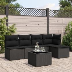 Salon de jardin 6 pcs avec coussins noir résine tressée