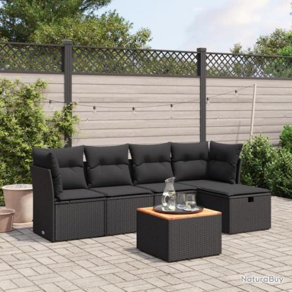 Salon de jardin 6 pcs avec coussins noir rsine tresse