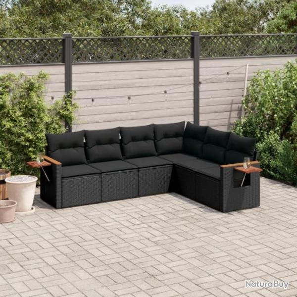 Salon de jardin 6 pcs avec coussins noir rsine tresse