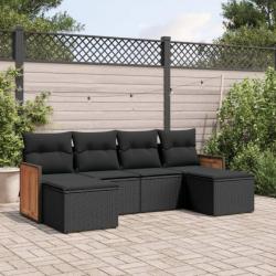 Salon de jardin 6 pcs avec coussins noir résine tressée