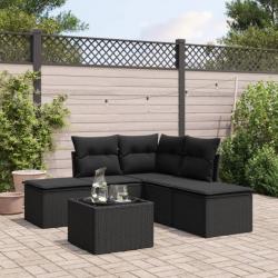 Salon de jardin 6 pcs avec coussins noir résine tressée