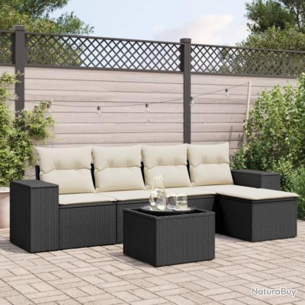 Salon de jardin 6 pcs avec coussins noir rsine tresse