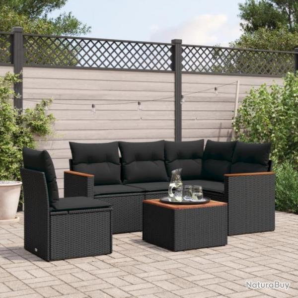 Salon de jardin 6 pcs avec coussins noir rsine tresse