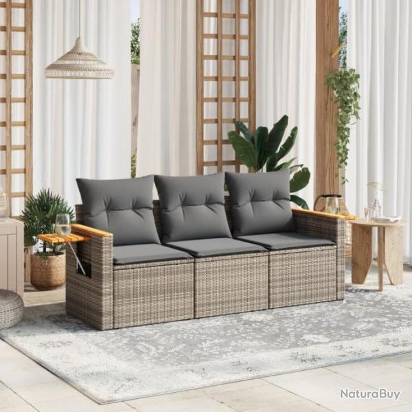 Salon de jardin avec coussins 3 pcs gris rsine tresse