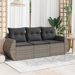 Salon de jardin avec coussins 3 pcs gris résine tressée