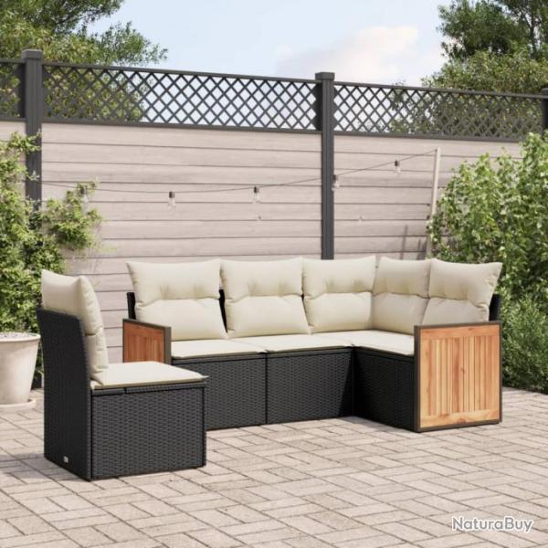 Salon de jardin 5 pcs avec coussins noir rsine tresse