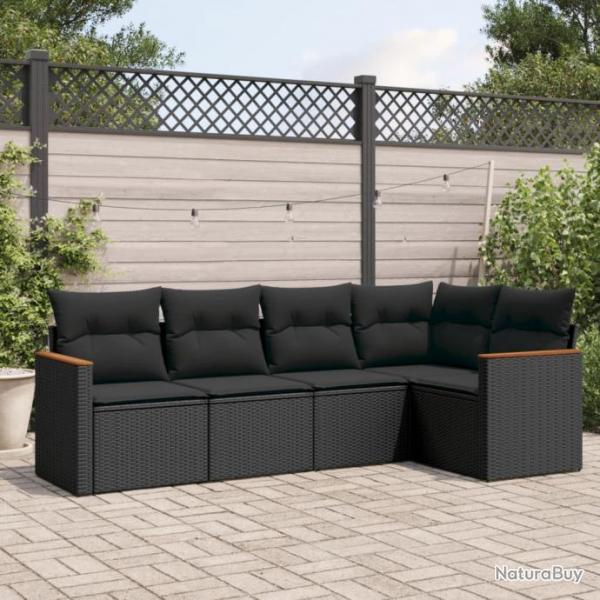 Salon de jardin 5 pcs avec coussins noir rsine tresse