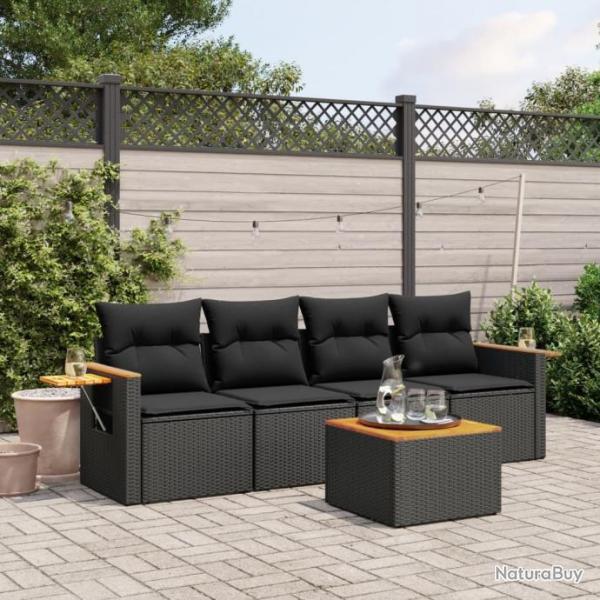 Salon de jardin 5 pcs avec coussins noir rsine tresse