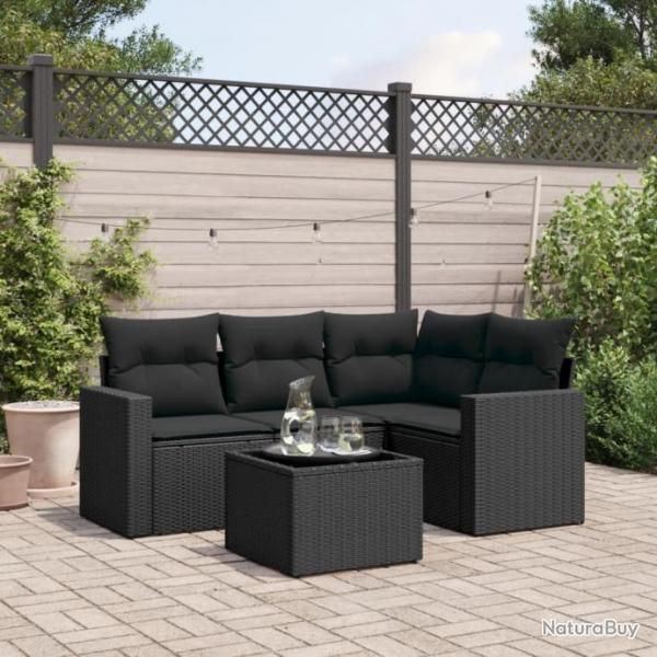 Salon de jardin 5 pcs avec coussins noir rsine tresse