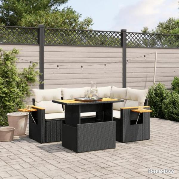 Salon de jardin 5 pcs avec coussins noir rsine tresse