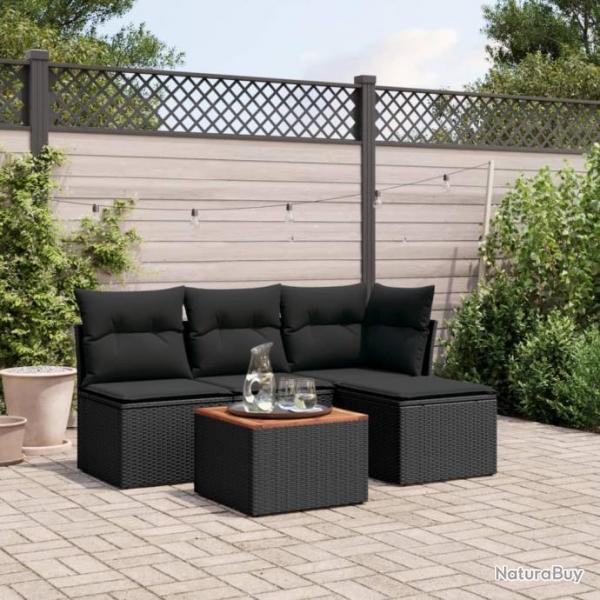 Salon de jardin 5 pcs avec coussins noir rsine tresse