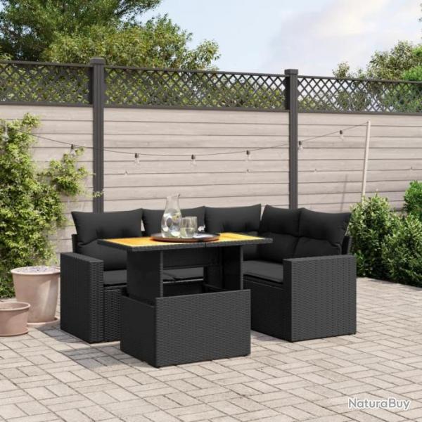 Salon de jardin 5 pcs avec coussins noir rsine tresse