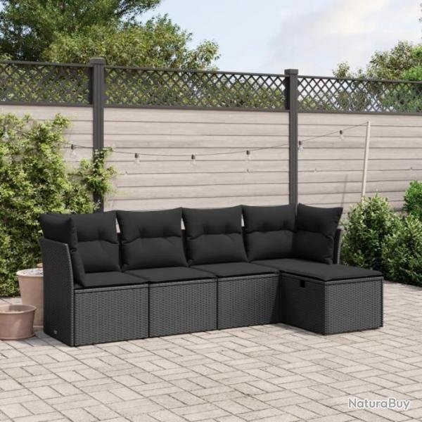 Salon de jardin 5 pcs avec coussins noir rsine tresse