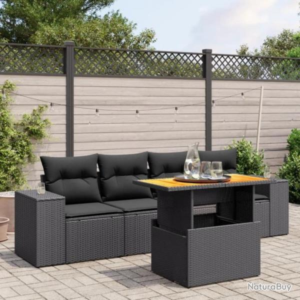 Salon de jardin 5 pcs avec coussins noir rsine tresse