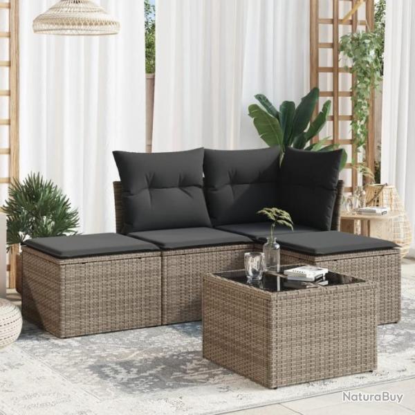 Salon de jardin 5 pcs avec coussins gris rsine tresse