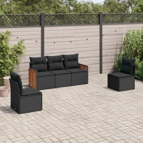 Salon de jardin 5 pcs avec coussins noir rsine tresse