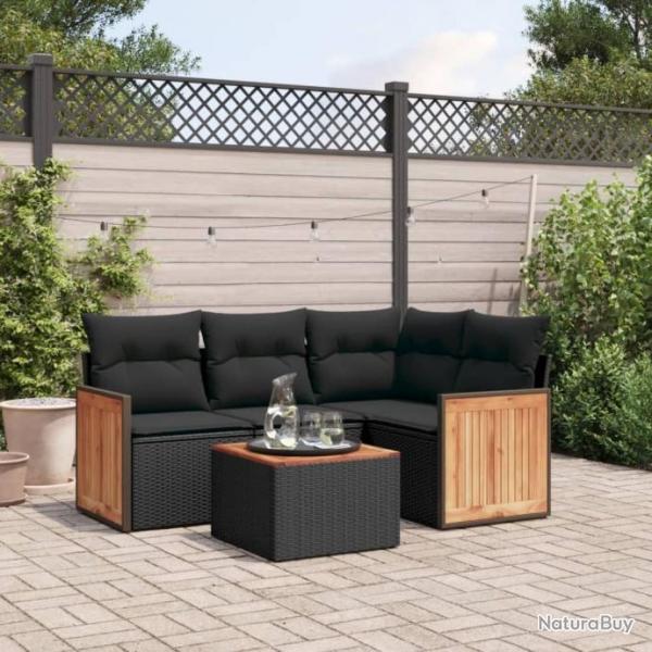 Salon de jardin 5 pcs avec coussins noir rsine tresse