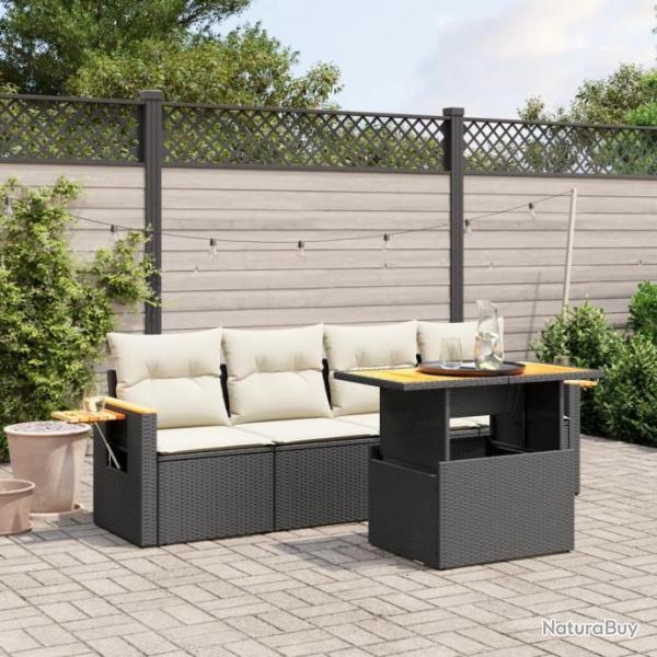 Salon de jardin 5 pcs avec coussins noir rsine tresse