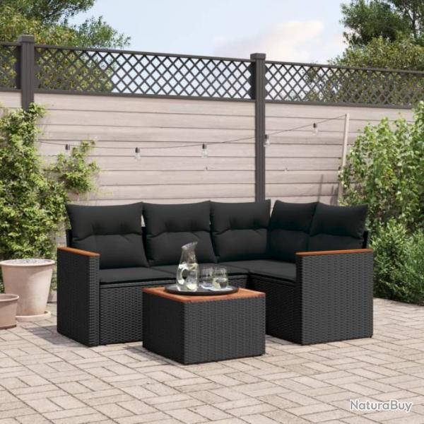 Salon de jardin 5 pcs avec coussins noir rsine tresse