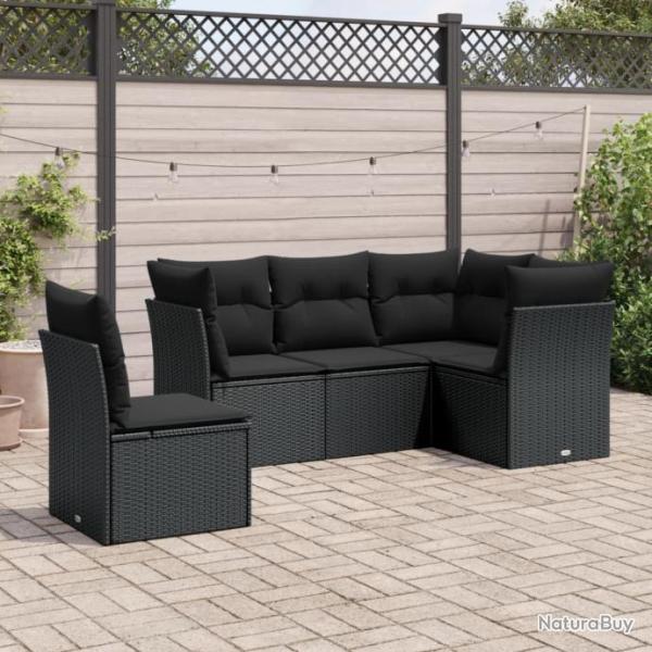 Salon de jardin 5 pcs avec coussins noir rsine tresse