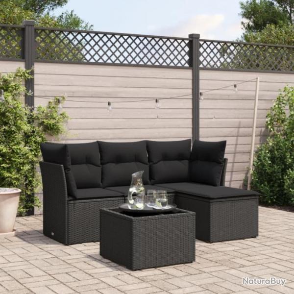 Salon de jardin 5 pcs avec coussins noir rsine tresse