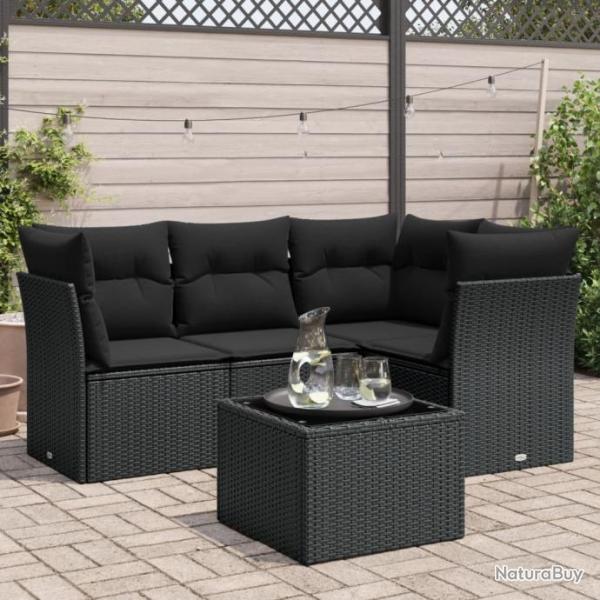 Salon de jardin 5 pcs avec coussins noir rsine tresse